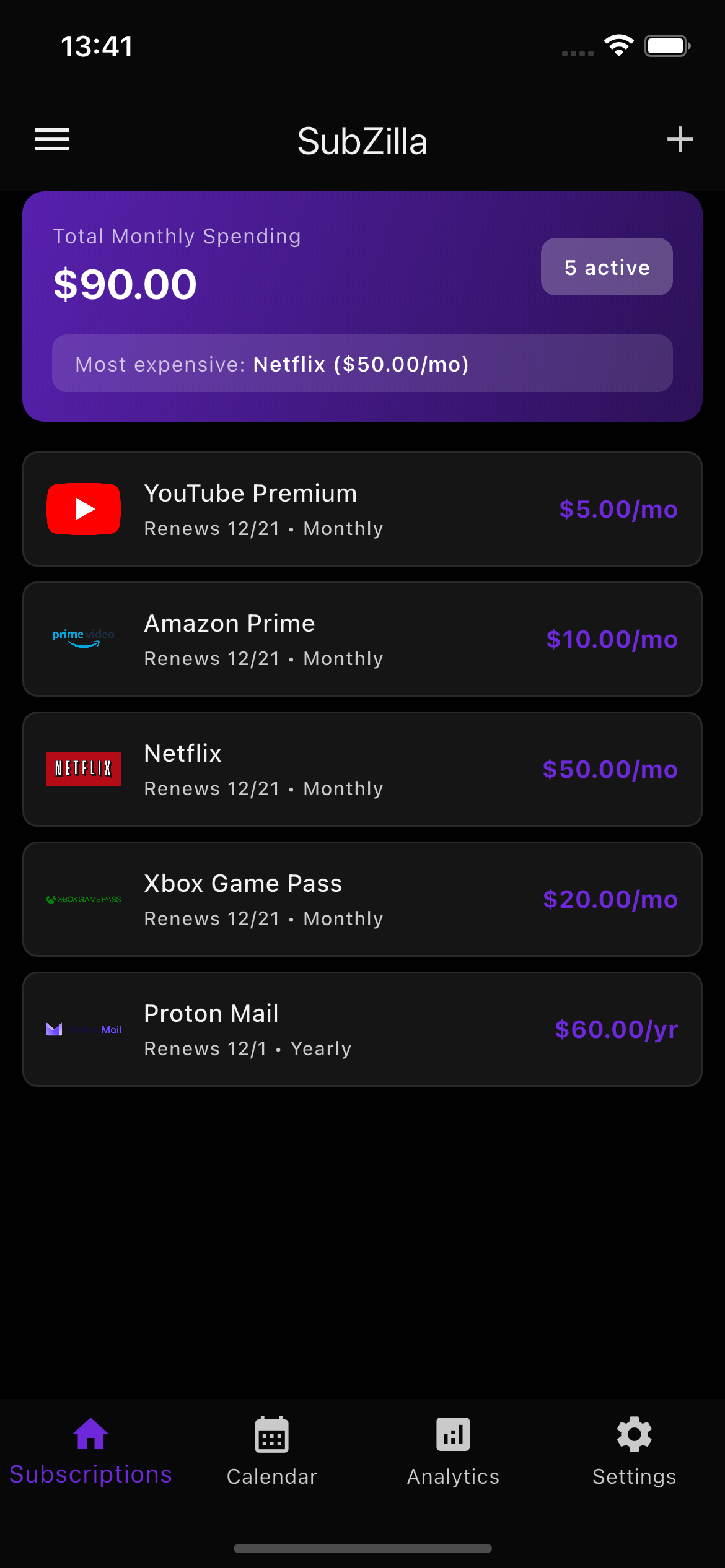 SubZilla subscription dashboard